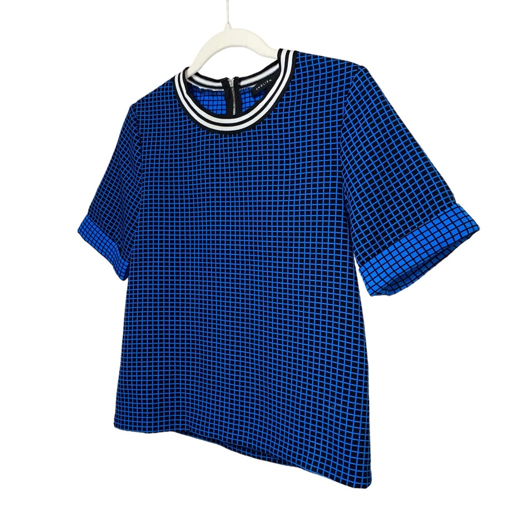 English Factory blue black thick structured checkered print boxy Top size small - Picture 8 of 12
